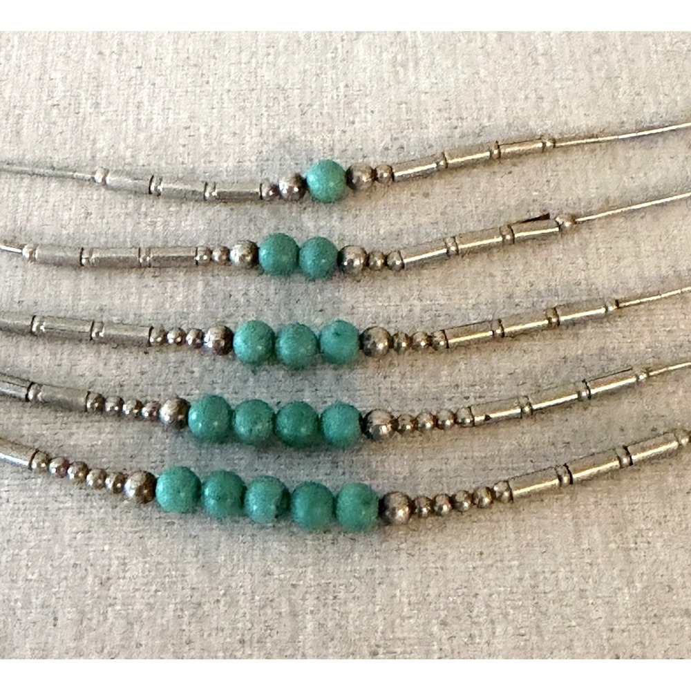 Vintage 5-Strand Liquid STERLING SILVER and Turquoise Beaded 18" Necklace - Picture 8 of 16